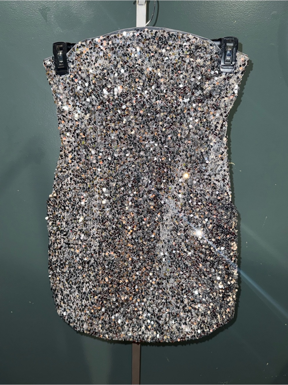 Bardot Silver Sequin Strapless Dress w/pockets
